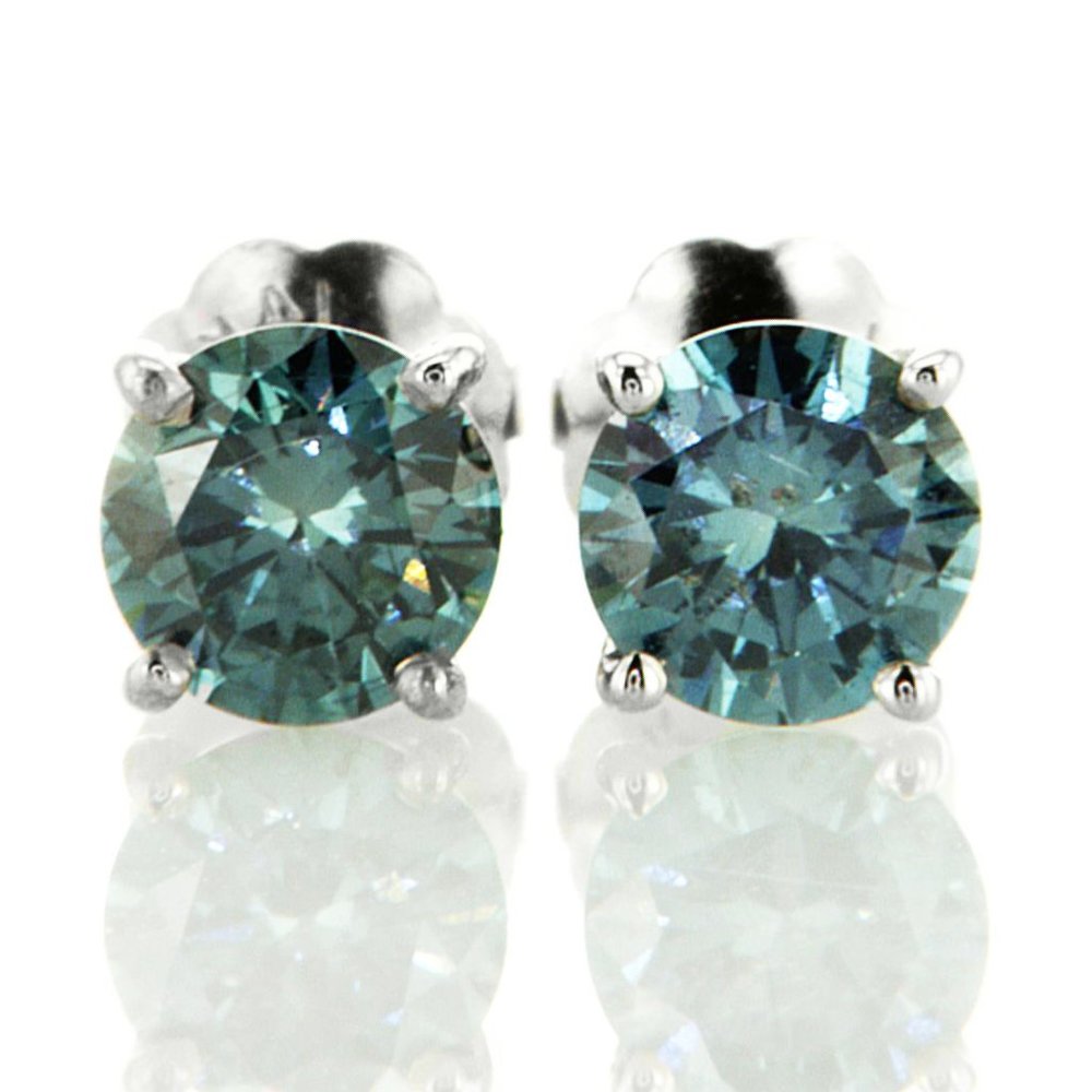 Blue Diamond Stud Earrings Round 0.80 TCW VS2/SI1 14K White Gold